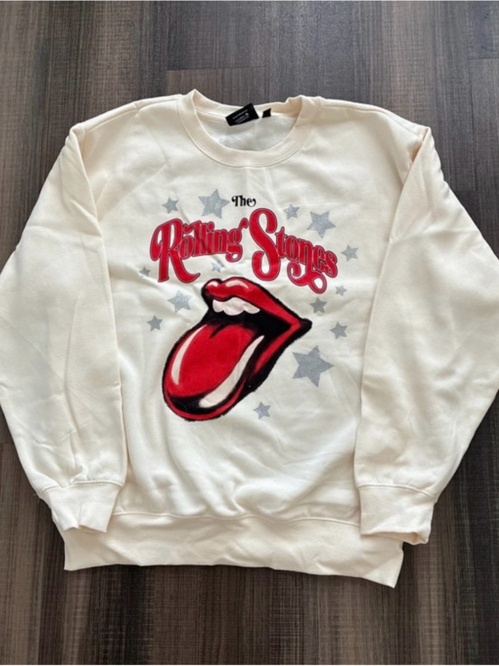 The Rolling Stones Cream Sweatshirt with Red Tongue Graphic and Gray Stars